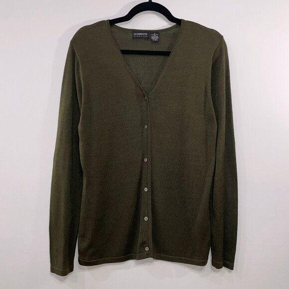 EUC Vintage 100% Silk Cardigan Liz Claiborne Dark Olive Medium - Picture 1 of 6